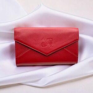 Dorothy Grant Haida Red Pebbled Leather Envelope Clutch Wallet Bag Strap Box NWT